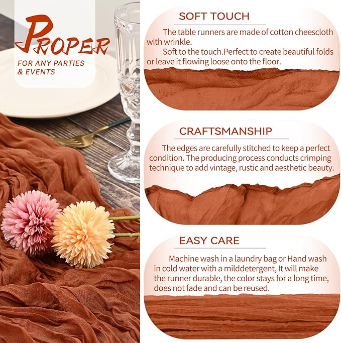 10 Packs Terracotta Cheesecloth Table Runner, 10Ft x 35" Rust Rustic Gauze Boho Wedding Table Runner Decoration, Wedding Table Decor Table Cloth for Wedding Party Bridal Shower Table