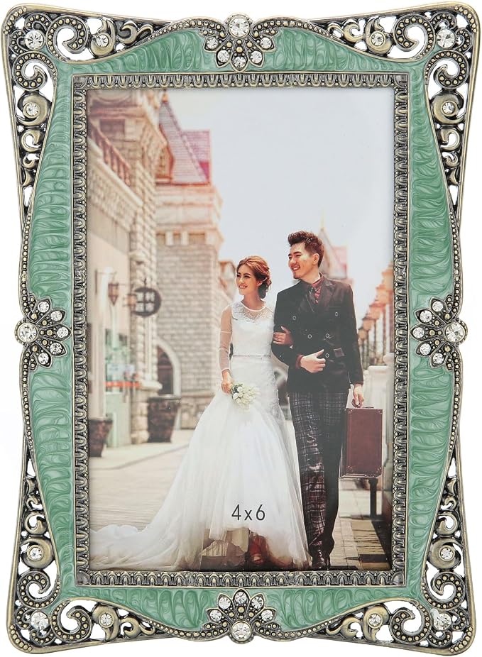 4x6 Vintage Picture Frame with Brass-Green Metal Diamond Decoration,Clear Glass Front Cover,Ornate Antique Art,Unique Gifts for Couple Women Wedding Mothers Day,Horizontally & Vertically