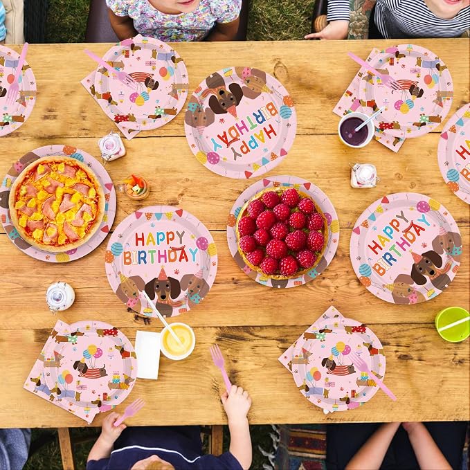 96Pcs Dachshund Dog Birthday Party Decorations, Serves 24 | Pink Wiener Dog Puppy Plates and Napkins Cartoon Puppy Pet Disposable Paper Tableware Set for Kids Birthday Party Supplies