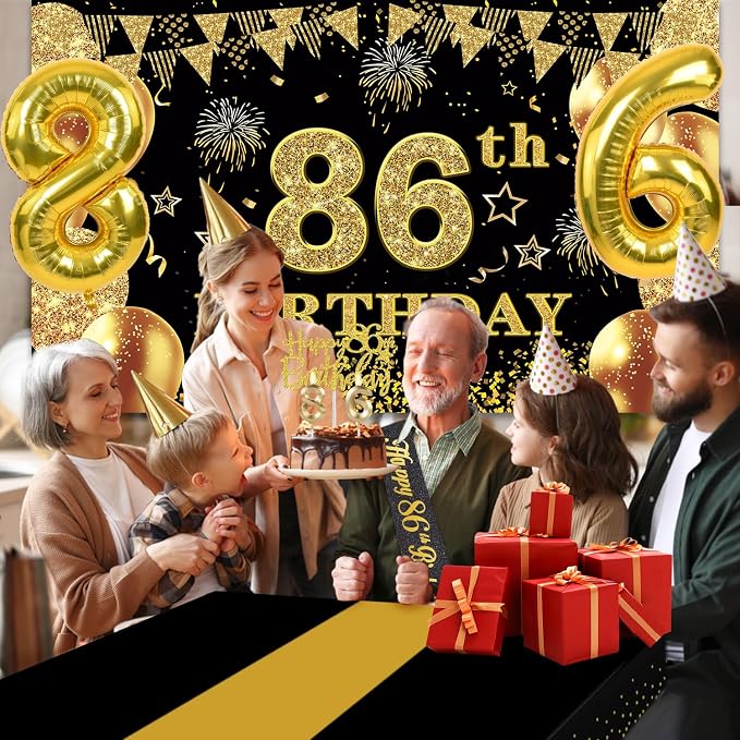 86th Birthday Decorations Men Women with 86th Birthday Banner, Black and Gold Table Cloth, Number Balloons, Sash, Cake Topper and Candles
