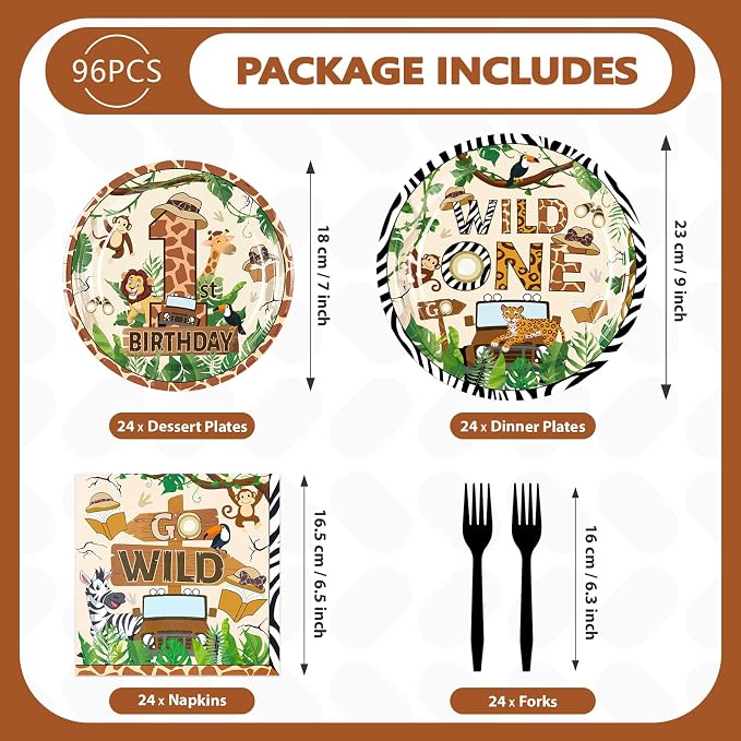 96 Pcs Wild One Birthday Party Decorations Jungle Animal Safari Plates and Napkins Mouse Safari Woodland Themed Tableware Set for Boys Girls 1st Birthday Baby Shower Party Supplies, Serves 24