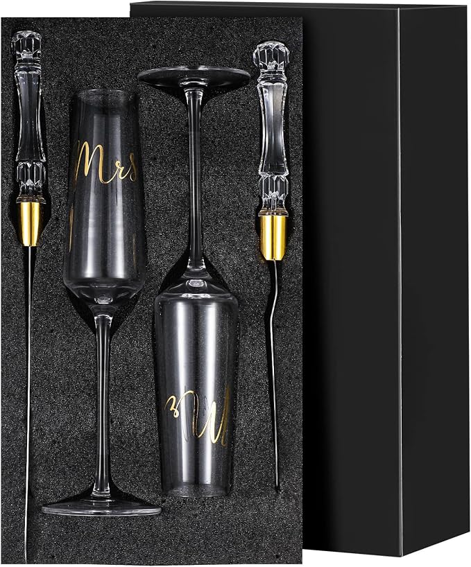 Boao 4 Pieces Wedding Toasting Flutes and Cake Server Set Wedding Reception Supplies Champagne Glasses Cake Knife Pie Server (Gold,Classic)