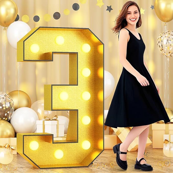4FT Large Light Up Numbers 3, Gold Number 3 Marquee Frame Marquee Mosaic Numbers for 3rd Birthday, Giant Marquee Number 4 Feet Tall DIY Frame Pre-Cut Foam Board Kit for Graduation Anniversary Party