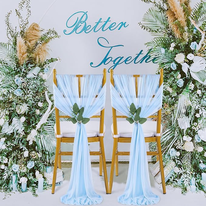 QueenDream Light Blue Chair Sashes Wedding Aisle Decorations: 16 Packs 8ft Long Draping Fabric Sheer Church Chair Cover Bulk for Baby Shower Party Banquet