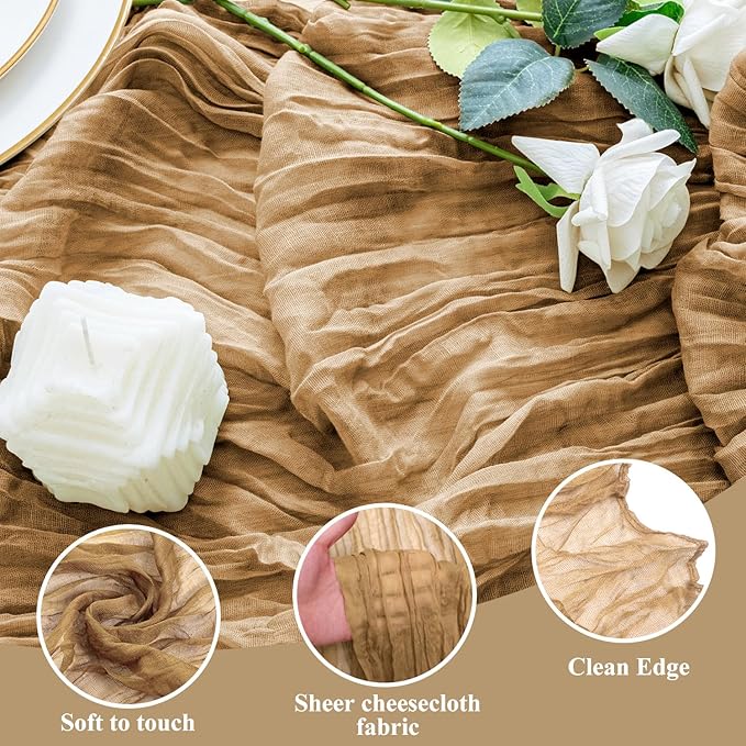 12PCS Table Runner Cheesecloth 10FT Khaki Boho Gauze Cheese Cloth Rustic Sheer Table Runners for Wedding Bridal Baby Shower Party Decoration