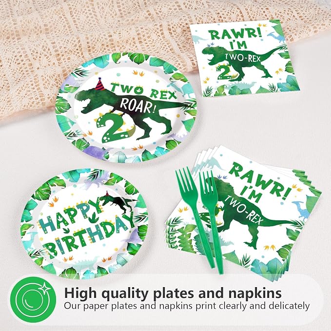 Grencian 96PCS Dinosaur 2nd Happy Birthday Party Supplies 2nd Dinosaur Plates and Napkins Forks Disposable Tableware Set for 2 Years Old Boy Birthday Party Decorations Serves 24