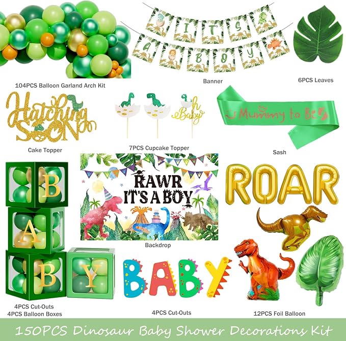 Hombae Dinosaur Baby Shower Decorations for Boy, Dino Themed Baby Shower Decorations, Rawr It’s a Boy Party Supplies Backdrop Balloon Banner Box Cake Cupcake Topper Mummy To Be Sash Green Gold