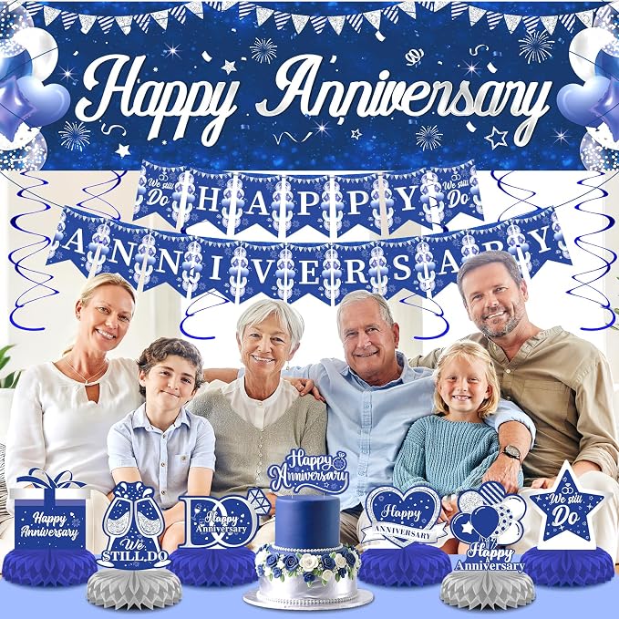 Blue Silver Wedding Anniversary Decorations Set Blue Happy Anniversary Banner Hanging Letter Banner Table Honeycomb Centerpieces Hanging Swirls Cake Topper for Men Women Wedding Anniversary Party
