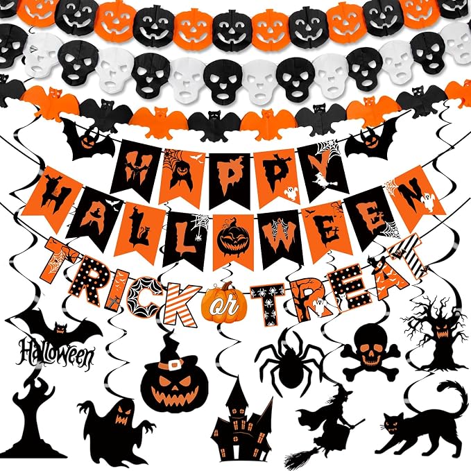 Halloween Party Decorations Happy Halloween Banner Kit Including Trick or Treat Sign Ghost Witches Hanging Swirl, Pumpkins Bats and Skull Head for Indoor Outdoor Decorations