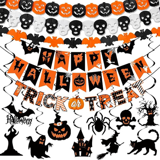 Halloween Party Decorations Happy Halloween Banner Kit Including Trick or Treat Sign Ghost Witches Hanging Swirl, Pumpkins Bats and Skull Head for Indoor Outdoor Decorations