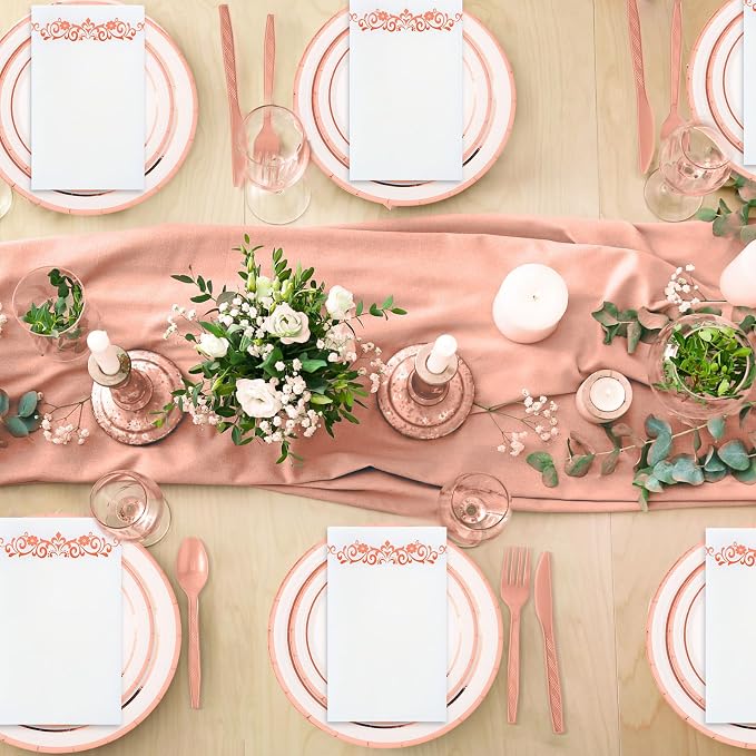 meekoo 350 Pcs Rose Gold Party Dinnerware Set Disposable Paper Plates for 50 Guests 9in and 7in Dinner Dessert Plates Napkins Gold Rim Plastic Cups Knives Forks Spoons for Party Wedding(Round)