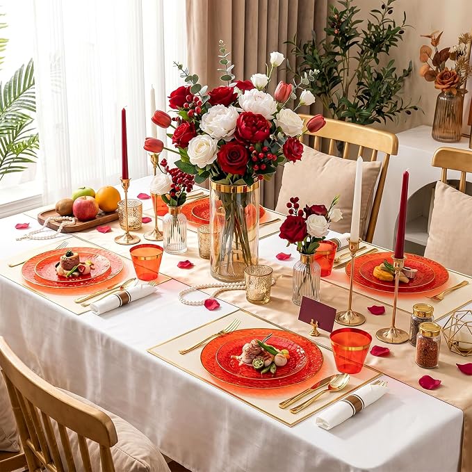 Rubtlamp 700Pcs Red Gold Plastic Dinnerware Set, Hammered Red Gold Plates, Fancy Plastic Plates Include 100 Dinner Platos, 100 Salad Platos, 100 Cups,100 Pack Pre Rolled gold plastic Silverware