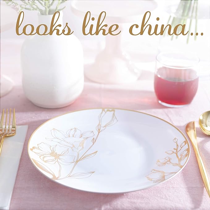 [9'' Plates 40 Count] White Plastic Floral Design Party Dinner Plates With Gold Rim Premium heavyweight Elegant Disposable Tableware Dishes