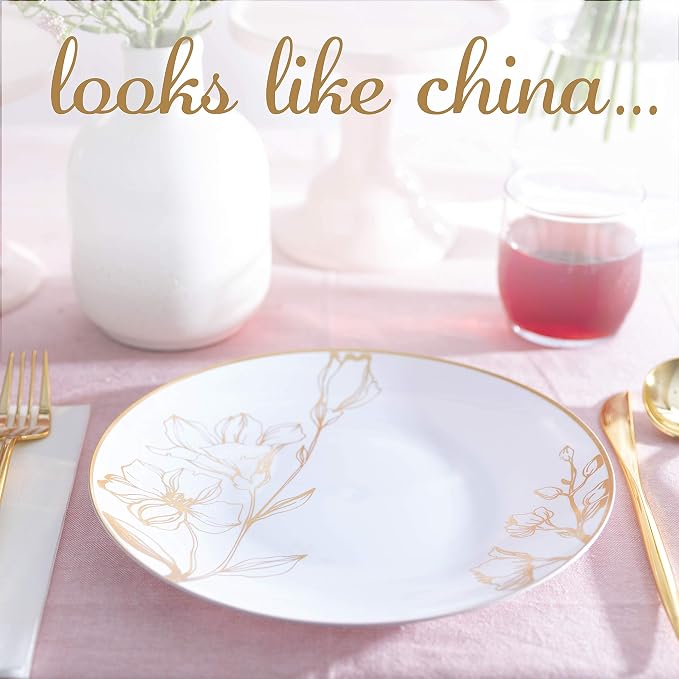 [9'' Plates 10 Count] White Plastic Floral Design Party Dinner Plates With Gold Rim Premium heavyweight Elegant Disposable Tableware Dishes