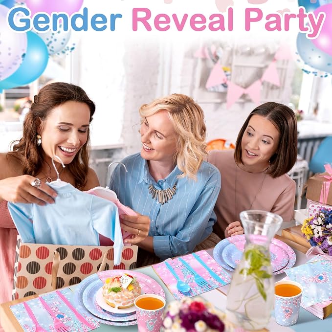 Funnymoom 400 Pcs Gender Revweal Party Supplies for 50 Guests Boy or Girl Gender Reveal Disposable Plates Napkins Cups Spoons Forks Knives for Birthday Baby Shower Party Favors