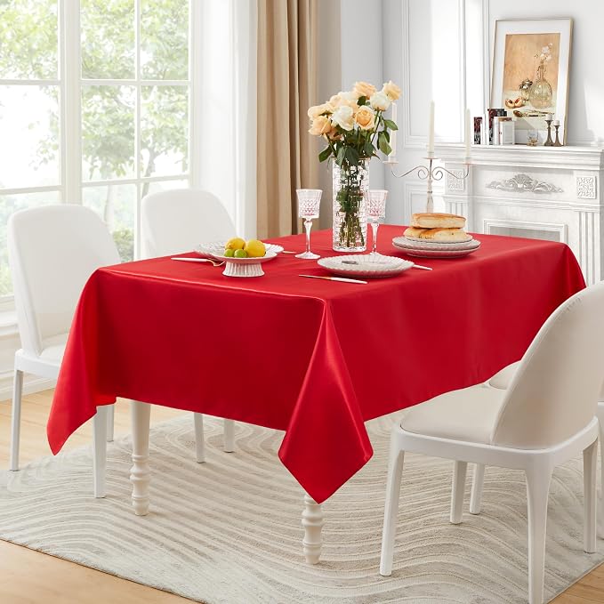 1 Pack Satin Table Cover Rectangle Silkly Soft Table Cloth, Satin Dining Table Cloths for Wedding Banquet Table Decoration, Dining Room, Indoor and Outdoor Use, 60 x 102 Inches, Red