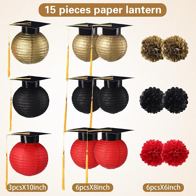Gilprop 15 Pcs Red and Gold Graduation Decoration 2026 Paper Lanterns Graduation Party Decorations Hanging Round Paper Lanterns with Black Grad Hat Tassel for Congratulation Grad Decorations