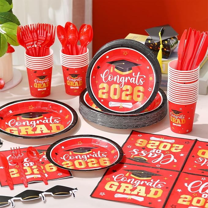 Funnymoom 400 Pcs Graduation Party Supplies Class of 2026 Graduation Paper Plate Napkin Cup Cutlery Congrats Grad Disposable Tableware Set for Grad Party Decorations, Serve 50(Red)