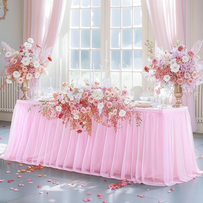 Pink Tulle Tablecloth for 8 Foot Rectangle Table, Light Pink Tulle Tables Skirt Cover 8ft Banquet Wedding Table Cloths Baby Shower Tutu Ruffle Tables Skirt Cloth for Party Bridal Shower
