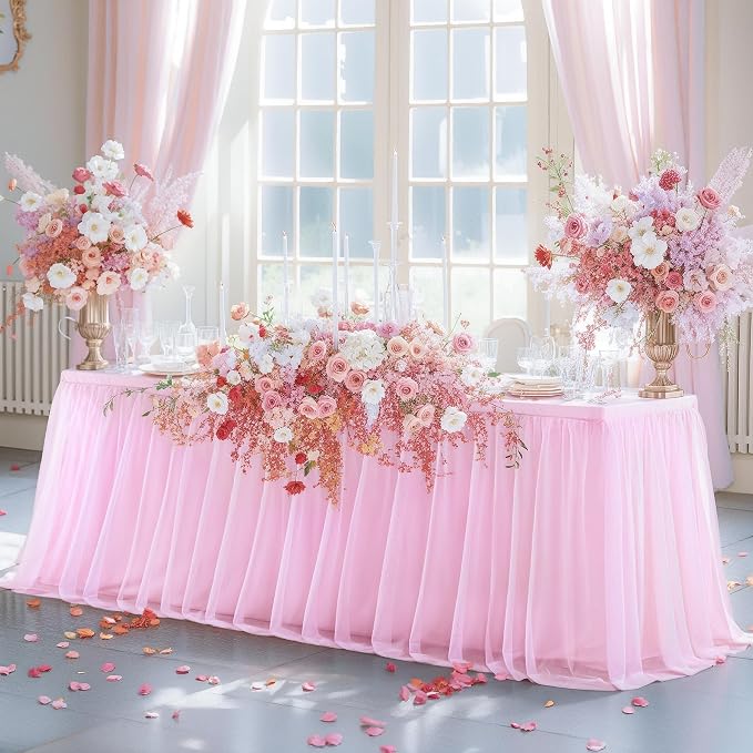 Pink Tulle Tablecloth for 8 Foot Rectangle Table, Light Pink Tulle Tables Skirt Cover 8ft Banquet Wedding Table Cloths Baby Shower Tutu Ruffle Tables Skirt Cloth for Party Bridal Shower