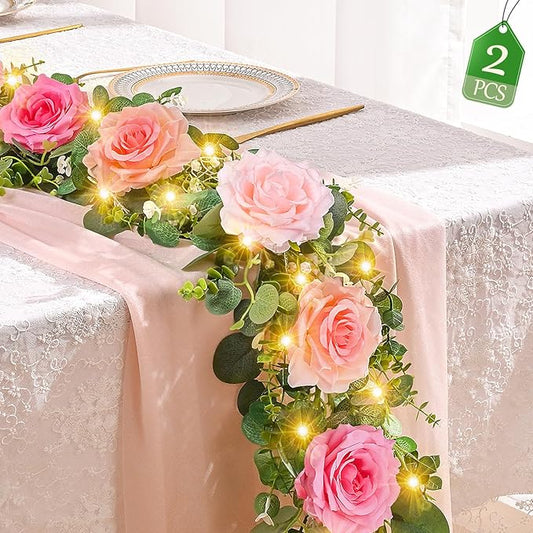 Livole 2Pcs 6.5 FT Artificial Flower Garlands with Fairy Light, Pink Fake Silk Rose Eucalyptus Hanging Vine for Wedding Table Centerpieces Party Arch Ceremony Garlands Backdrop Decor