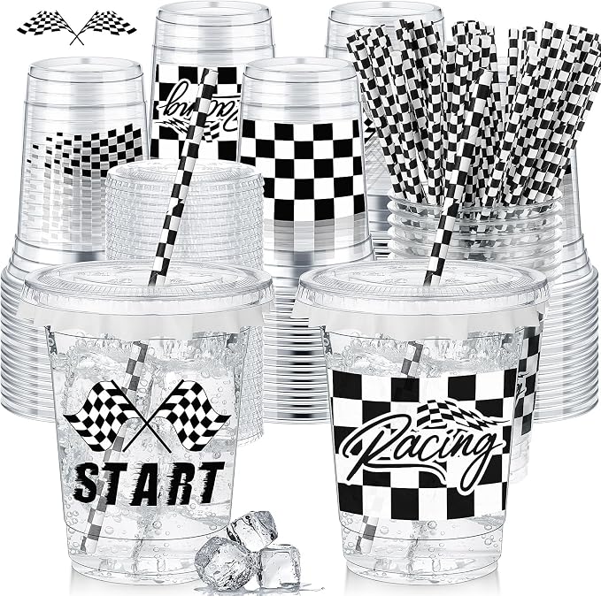 FoldTier 50 Pcs Checkered Racing Party Plastic Cups 12 oz White Black Checkered Flag Clear Cups with Straws and Lids Disposable Drink Cup for Race Car Sport Theme Birthday Party Supplies Baby Shower