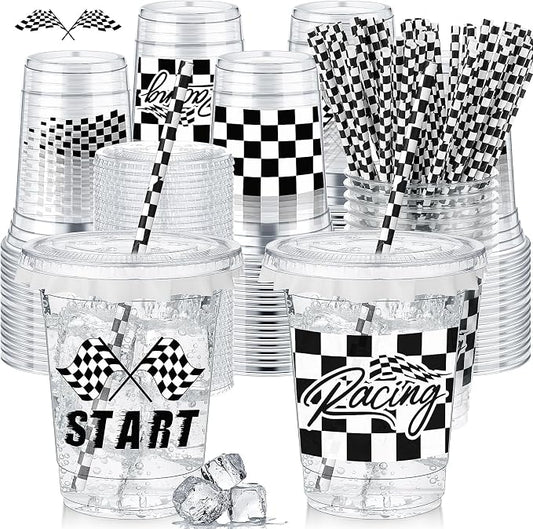 FoldTier 50 Pcs Checkered Racing Party Plastic Cups 12 oz White Black Checkered Flag Clear Cups with Straws and Lids Disposable Drink Cup for Race Car Sport Theme Birthday Party Supplies Baby Shower