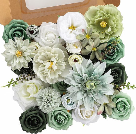 Garisey Artificial Flowers Combo, Mix Silk Flowers Roses, Peonies, Dahlias with Stems for DIY Wedding Bridal Bouquet, Baby Shower, Table Centerpieces, Home Decor, Fake Floral Arrangements-Forest Green