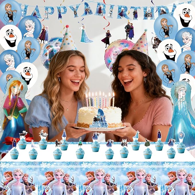 Cartoon Birthday Party Decorations Set with Latex Balloons | Foil Balloons | Happy Birthday Banner | Cake Toppers | Tablecloth | Hanging Swirls | Stickers for Winter Princess Theme Celebration