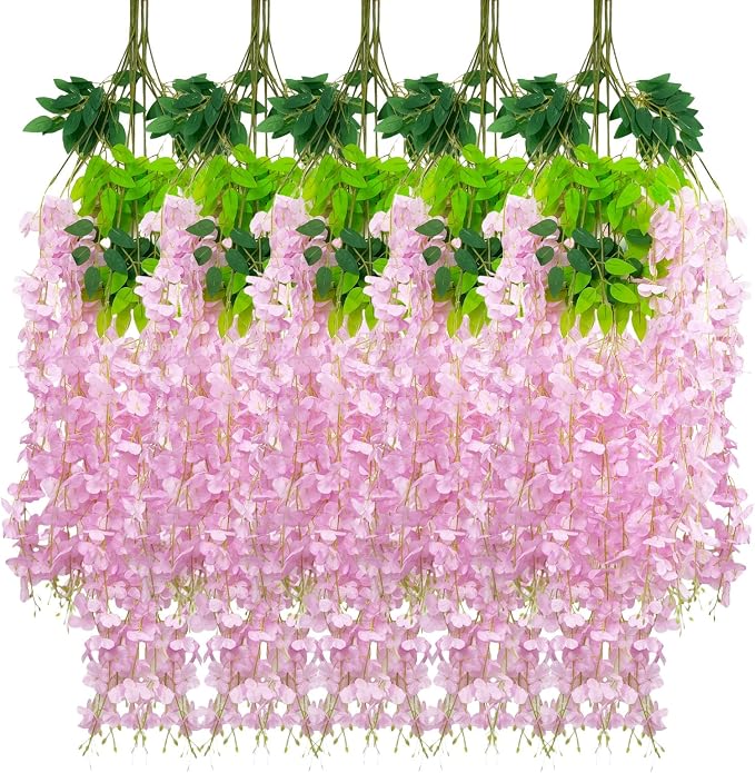24 Pack Pink Wisteria Hanging Flowers Garland, 3.77 Feet Artificial Flower Vines, Fake Wisteria, Artificial Vines Hanging Garland for Backdrop Outdoor Yard Garden Decor