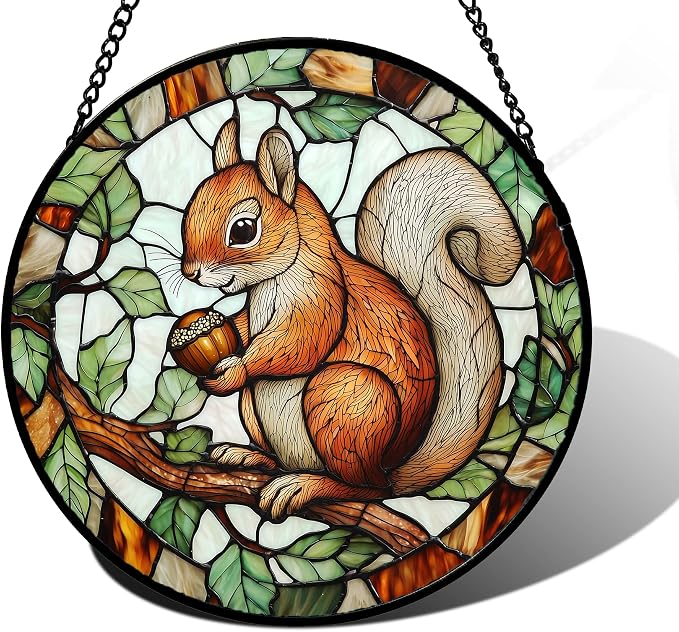 DASTOLL Stained Glass Window Hanging, Squirrel on a Branch Suncatcher Diamond Glass Panel Animal Sun Catchers Decor for Birthday for Women, Men, Wife, Aunt, and Mom 6.3 in