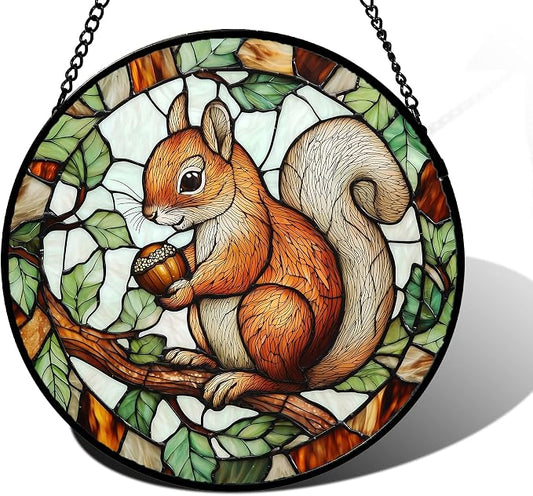 DASTOLL Stained Glass Window Hanging, Squirrel on a Branch Suncatcher Diamond Glass Panel Animal Sun Catchers Decor for Birthday for Women, Men, Wife, Aunt, and Mom 6.3 in