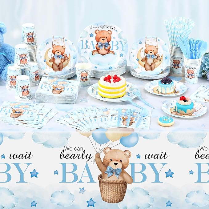 Funnymoom 452 Pcs 50 Guests We Can Bearly Wait Baby Shower Decorations Boy, Blue Baby Boy Shower Paper Plates Napkins Cups Tablecloth Cutlery Straws Tableware Set for Gender Reveal Party Supplies