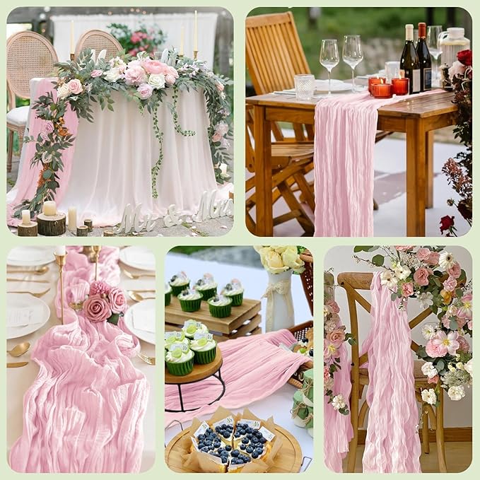 4PCS Table Runner Cheesecloth 10FT Blushing Pink Boho Gauze Cheese Cloth Rustic Sheer Table Runners for Wedding Bridal Baby Shower Party Decoration