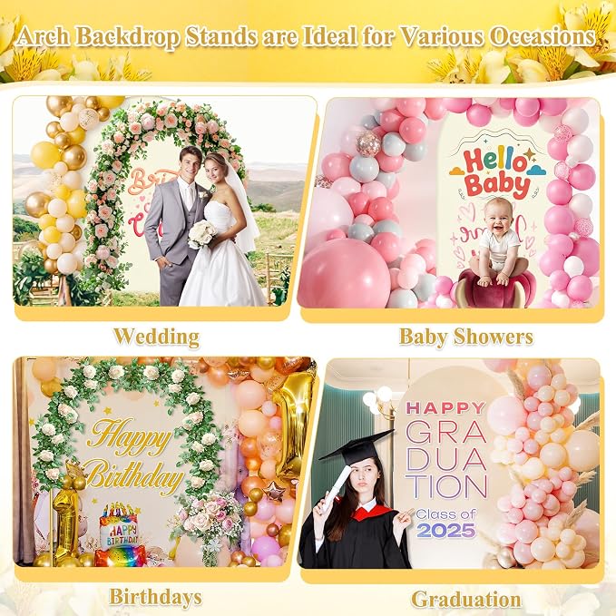 Jupwalz Arch Backdrop Stand and Cover Set, Metal Arch Stand with Rich Balloon Tool for Wedding Birthday Baby Shower Graduation Event Balloon Flowers Decor, Easy to Assemble (7.2FT, Beige)