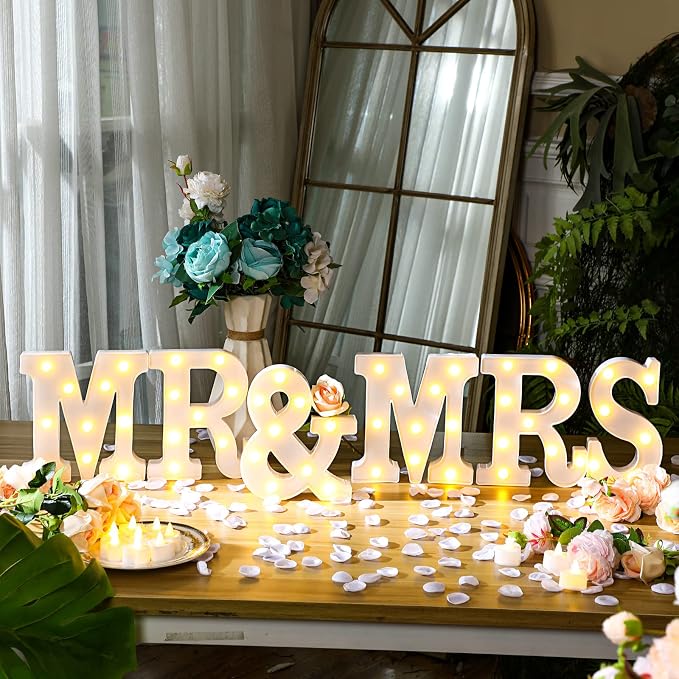 6 Pcs Mr and Mrs LED Light up Sign 8.4 in, 12 Flameless LED Candles 300 Artificial Rose Petals Neon Mr and Mrs Sign for Wedding Table Heart Romantic Candles Light up Letters for Romantic Decor(White)