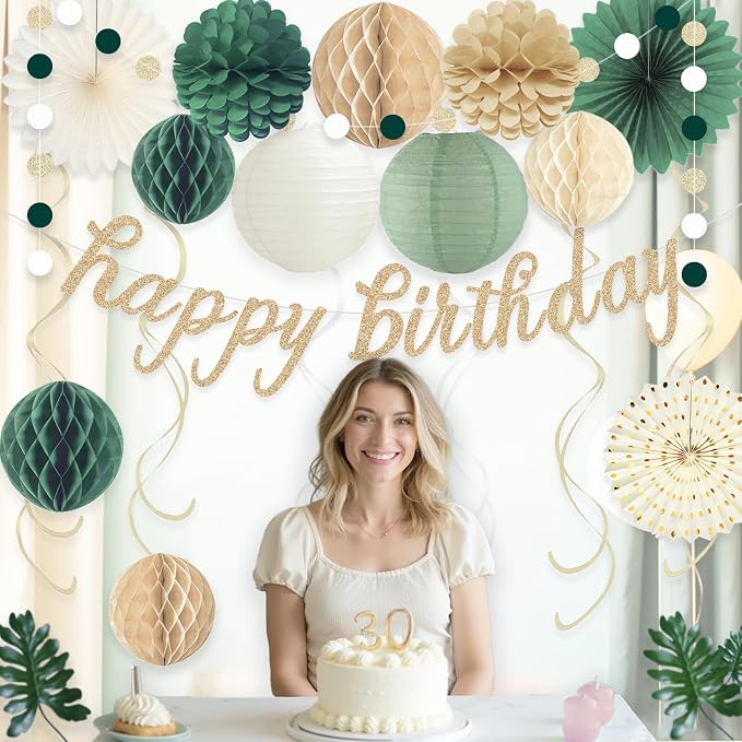 Sage Green Happy Birthday Decorations for Women, Pre-Strung Happy Birthday Banner with Honeycomb Balls, Paper Flowers, Lanterns, Hanging Swirls, Circle Dots Garland for Birthday Party Decor 24pcs