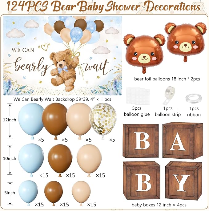 Blue Bear Baby Shower Decorations for Boy, 124pcs Bear Party Decorations with Blue and Brown Balloon Arch Kit, Backdrop, Wood Grain Baby Boxes for Boy Baby Shower Decor