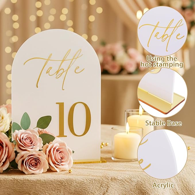 Wedding Table Numbers 1-10 with Holders,5x7 inch Arch Acrylic Table Numbers Signs with Gold Foil Embossed for Wedding Reception, Anniversary, Birthday,Party and Events Decor