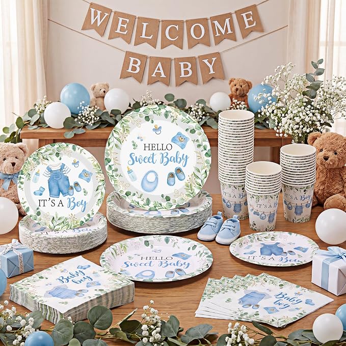Pickmesh 250 Pcs Blue Boy Baby Shower Disposable Tableware Set Hello Sweet Boy Paper Plates Napkin Cup Cutlery with Sage Decoration for Gender Reveal Birthday Party Supply Baby Shower, Serve 50 Guest