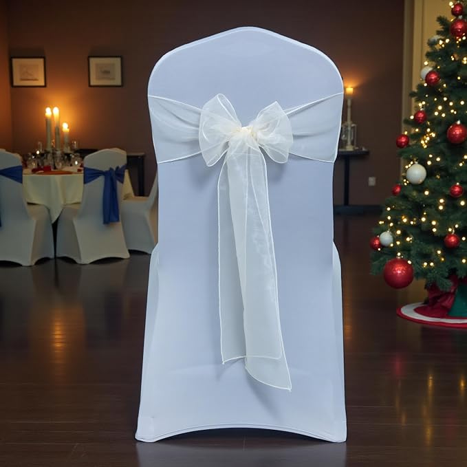 MDS® Pack of 100 Organza Chair Sashes for Wedding Decoration, Reusable Sheer Chair Bows for Banquet Chair Cover, Reception, Bridal Shower, Baby Shower, Birthday Party & Special Events - Ivory