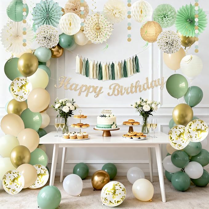 48 Pcs Sage Green Birthday Decorations for Women Girls, Happy Birthday Banner, Cream Neutral Balloons, Tassel Garland, Peach Paper Lanterns, Tissue Pom Poms Fan, Rustic Backdrop Decor