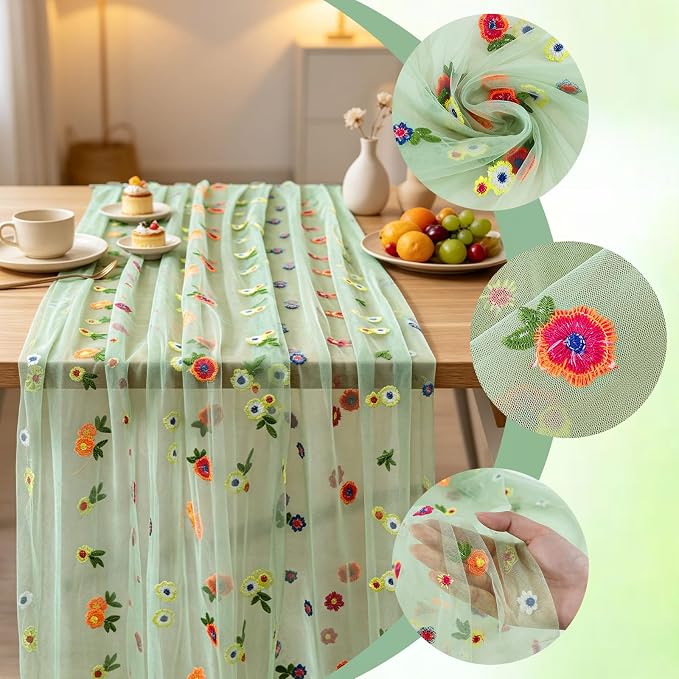 BINBE 3pcs Daisy Spring Table Runner Embroidery Gauze 10FT Florals Seasonal Tulle Holiday Birthday Kitchen Dining Table Decor for Home Party Sage Green