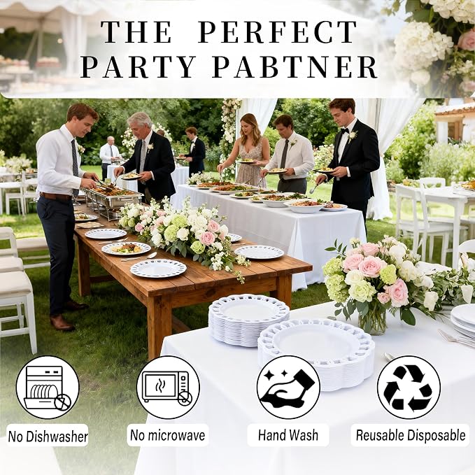 COLOSUS 60pcs White Plastic Plates Set,Fany White Baroque Plates for 30 guest.Elegant Lace Rim Design Disposable Plate include 30 Dinner plates and 30 Dessert plates for Party,Halloween,New Year