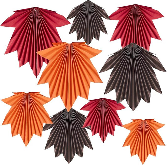 SUNBEAUTY Fall Party Decorations Maple Leaves Paper Fans Hanging Paper Fans Classroom Decoration for Autumn Thanksgiving Birthday Baby Shower Rustic Wedding, Set of 9