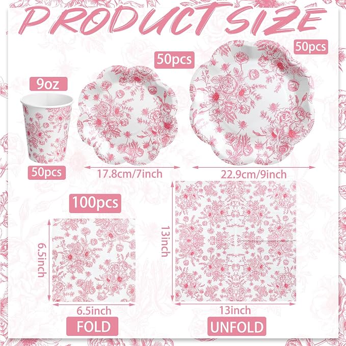 Newtay 250 Pcs Pink Floral Disposable Plates and Napkins Pink and White Floral Tableware Set for 50 Guests Disposable Paper Plates Napkins Cups for Wedding Bridal Shower Party Supplies
