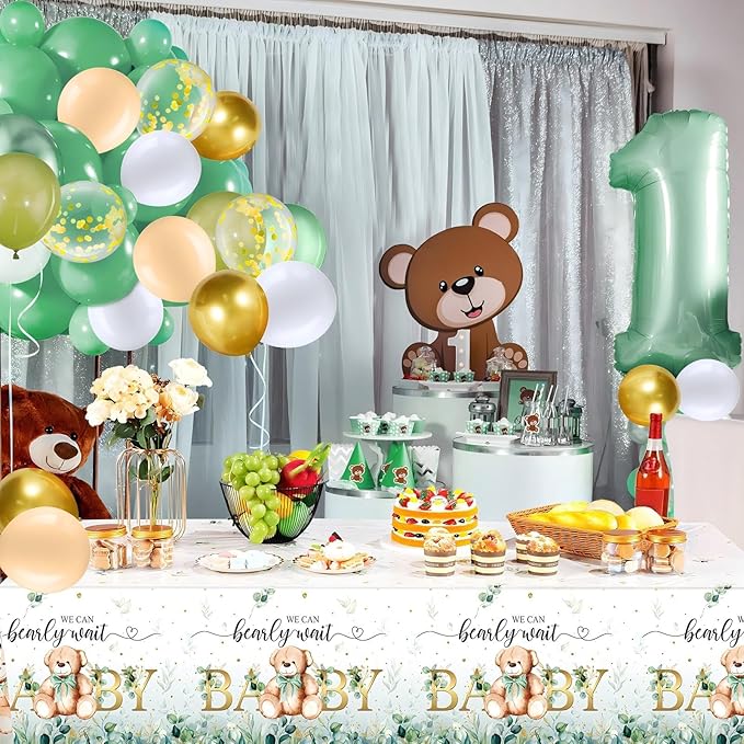 Breling 61 Pcs Bear Baby Shower Decorations Sage Green Bear Baby Party Decor Kit We Bearly Wait Backdrop Tablecloth Balloons Arch Bears Theme Party Supplies for Kids Birthday Shower