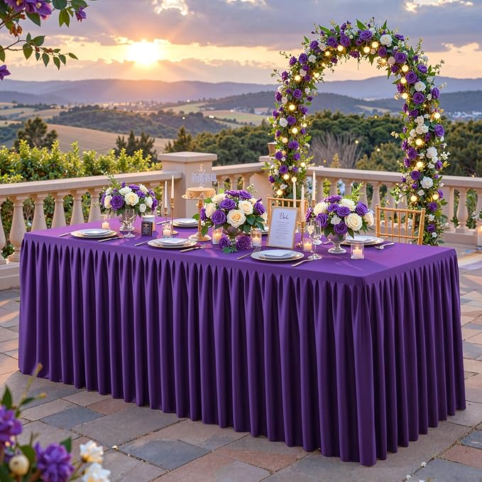 Purple Polyester Table Cloths for Rectangle 8 Foot Tables, 6 Pack Wrinkle Free Tablecloths Stretchy Banquet Ruffle Fitted Table Cover Desk Skirt for Parties Wedding Birthday Baby Shower