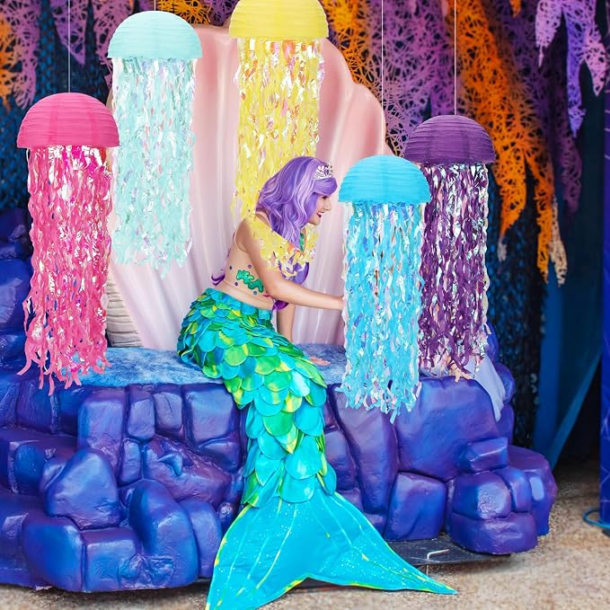 Baquler Set of 12 Jellyfish Party Decoration Multicolors Jellyfish Paper Lanterns 10 Inch Semicircle Lanterns Hanging Decoration for Mermaid Sea Ocean Birthday Party Decorations