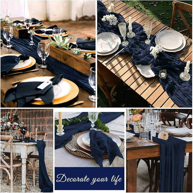 20 Pack Cheesecloth Table Runner 17 x 108 inch Long Boho Gauze Table Runners Semi Sheer Table Runner for Wedding Decor, Baby Shower, Birthday Party, Banquet (Navy Blue)